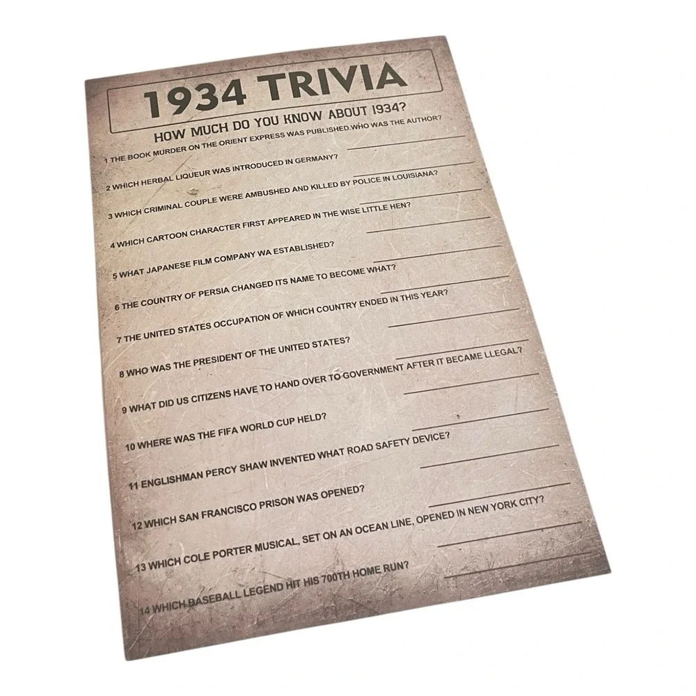 Born 1934 92nd Birthday Party Games 5x7